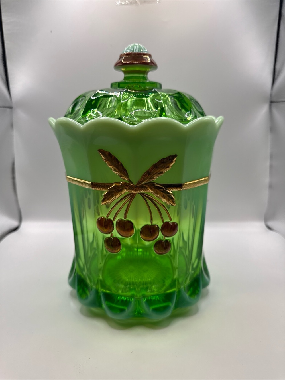 10" Gilt Mosser Green Opalescent Glass Cherry Thumbprint Large Jar w Lid